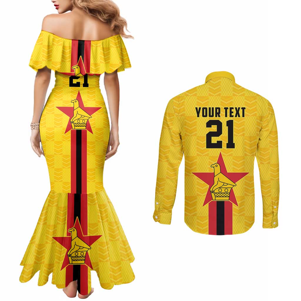 Zimbabwe Football Custom Couples Matching Mermaid Dress and Long Sleeve Button Shirt The Warriors with Zimbabwe Bird - Wonder Print Shop