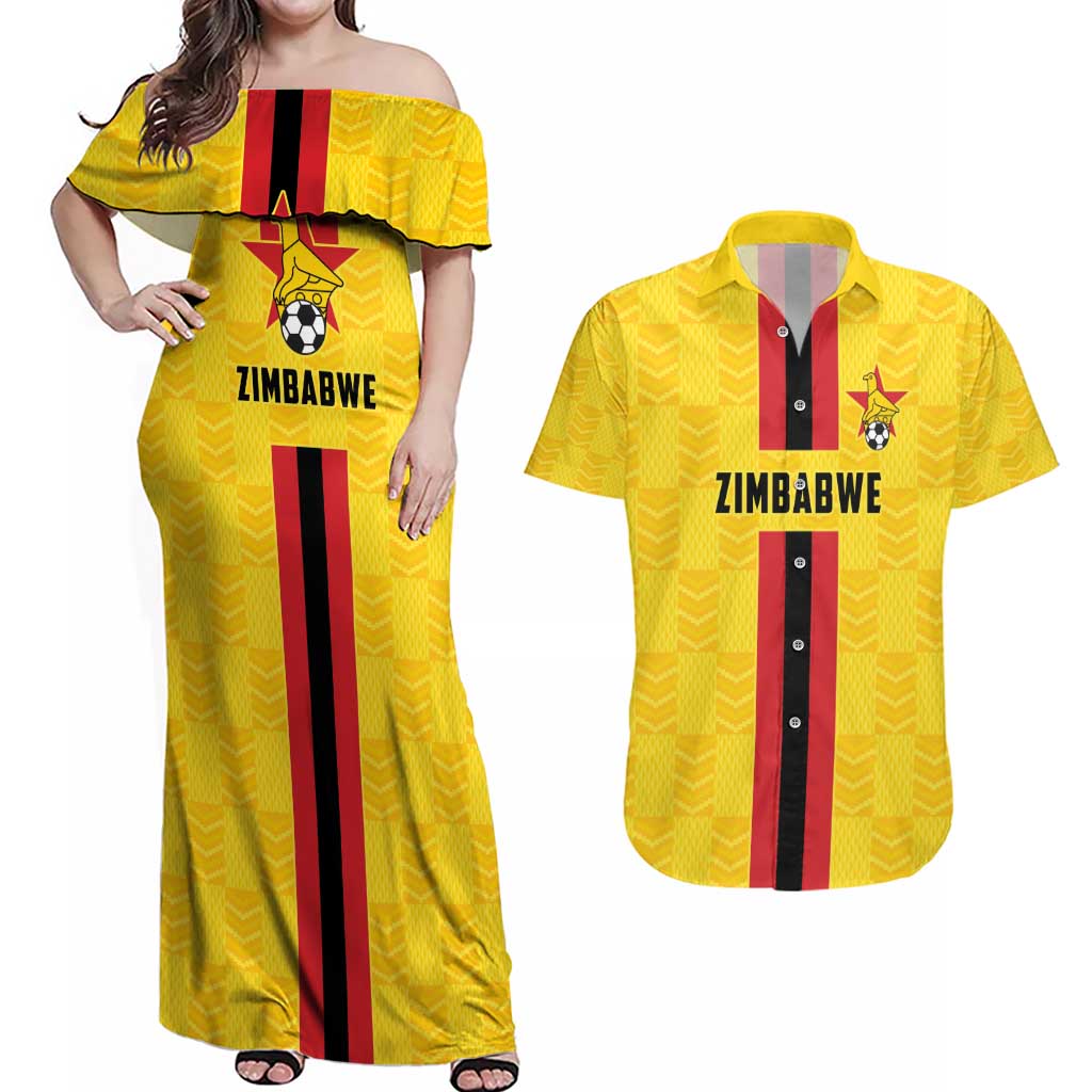 Zimbabwe Football Custom Couples Matching Off Shoulder Maxi Dress and Hawaiian Shirt The Warriors with Zimbabwe Bird - Wonder Print Shop
