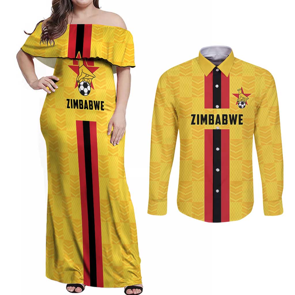 Zimbabwe Football Custom Couples Matching Off Shoulder Maxi Dress and Long Sleeve Button Shirt The Warriors with Zimbabwe Bird - Wonder Print Shop