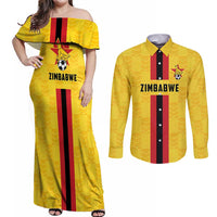 Zimbabwe Football Custom Couples Matching Off Shoulder Maxi Dress and Long Sleeve Button Shirt The Warriors with Zimbabwe Bird - Wonder Print Shop
