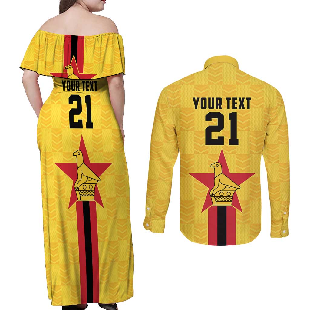 Zimbabwe Football Custom Couples Matching Off Shoulder Maxi Dress and Long Sleeve Button Shirt The Warriors with Zimbabwe Bird - Wonder Print Shop