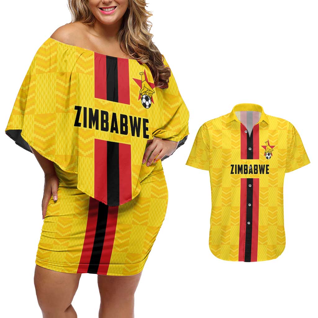 Zimbabwe Football Custom Couples Matching Off Shoulder Short Dress and Hawaiian Shirt The Warriors with Zimbabwe Bird - Wonder Print Shop