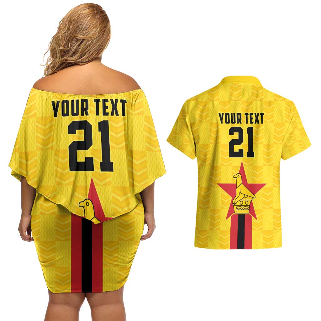 Zimbabwe Football Custom Couples Matching Off Shoulder Short Dress and Hawaiian Shirt The Warriors with Zimbabwe Bird - Wonder Print Shop