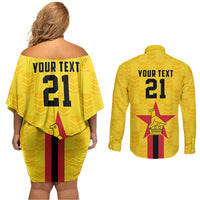 Zimbabwe Football Custom Couples Matching Off Shoulder Short Dress and Long Sleeve Button Shirt The Warriors with Zimbabwe Bird - Wonder Print Shop