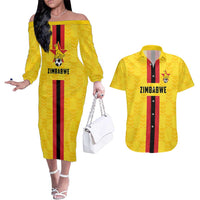 Zimbabwe Football Custom Couples Matching Off The Shoulder Long Sleeve Dress and Hawaiian Shirt The Warriors with Zimbabwe Bird - Wonder Print Shop