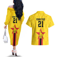 Zimbabwe Football Custom Couples Matching Off The Shoulder Long Sleeve Dress and Hawaiian Shirt The Warriors with Zimbabwe Bird - Wonder Print Shop