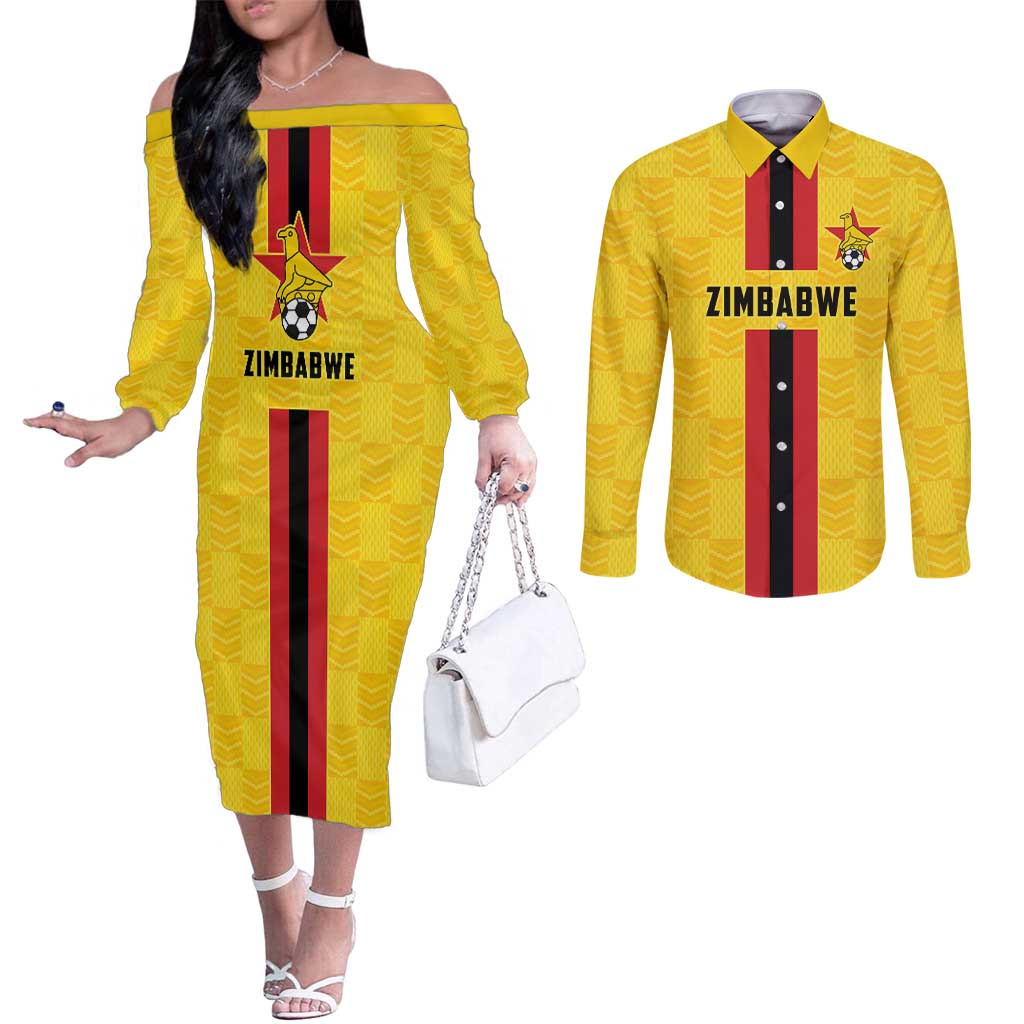 Zimbabwe Football Custom Couples Matching Off The Shoulder Long Sleeve Dress and Long Sleeve Button Shirt The Warriors with Zimbabwe Bird - Wonder Print Shop