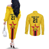 Zimbabwe Football Custom Couples Matching Off The Shoulder Long Sleeve Dress and Long Sleeve Button Shirt The Warriors with Zimbabwe Bird - Wonder Print Shop