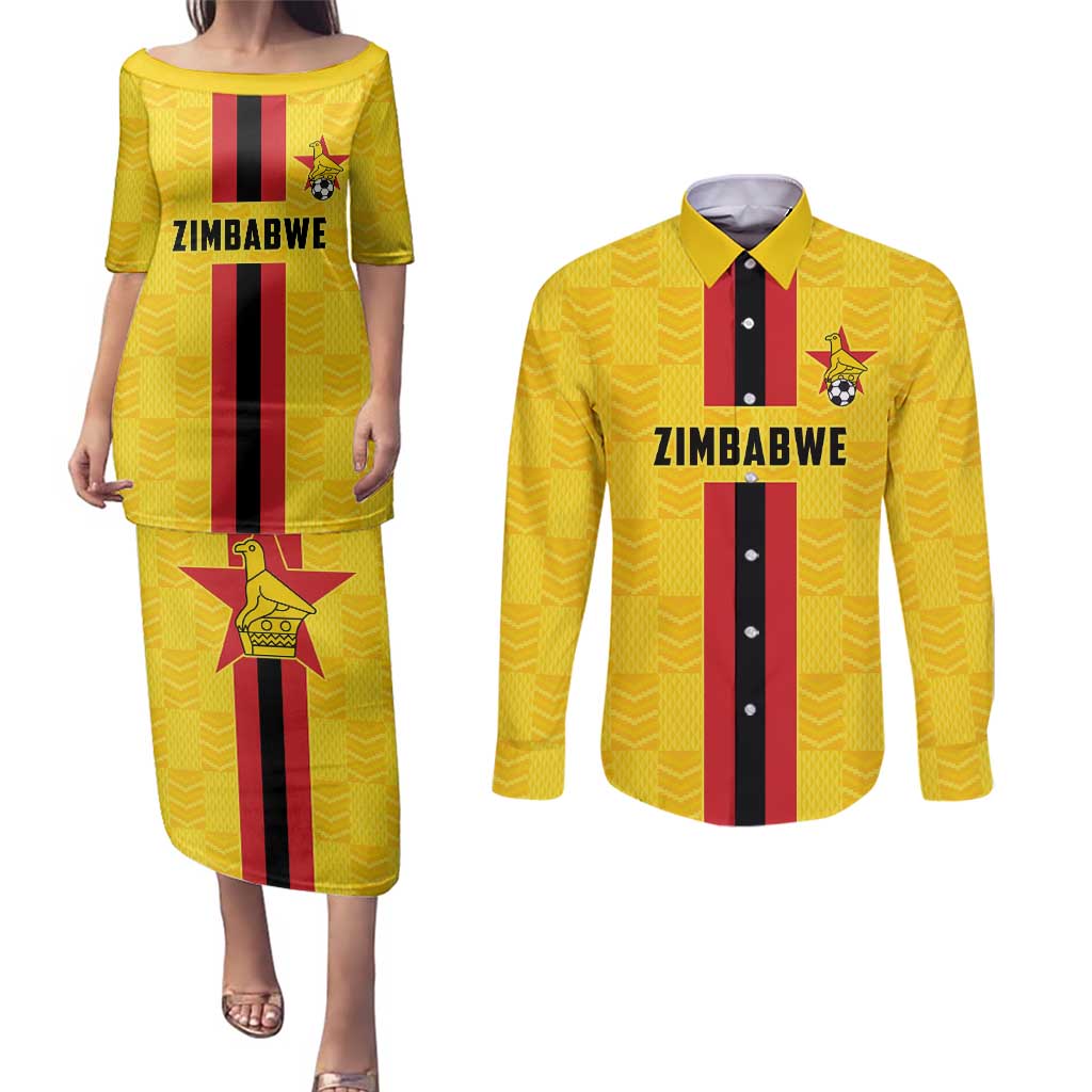 Zimbabwe Football Custom Couples Matching Puletasi and Long Sleeve Button Shirt The Warriors with Zimbabwe Bird - Wonder Print Shop