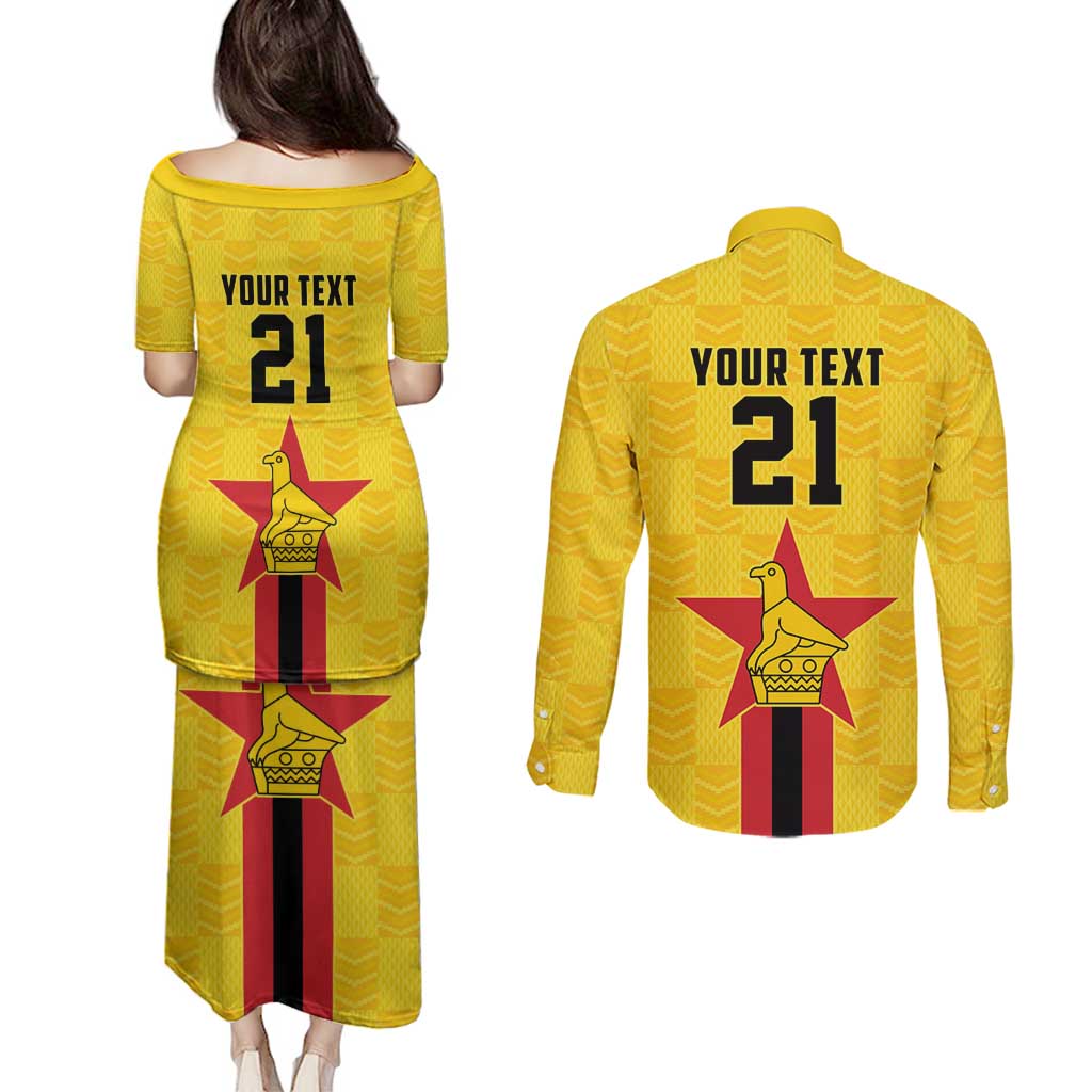 Zimbabwe Football Custom Couples Matching Puletasi and Long Sleeve Button Shirt The Warriors with Zimbabwe Bird - Wonder Print Shop