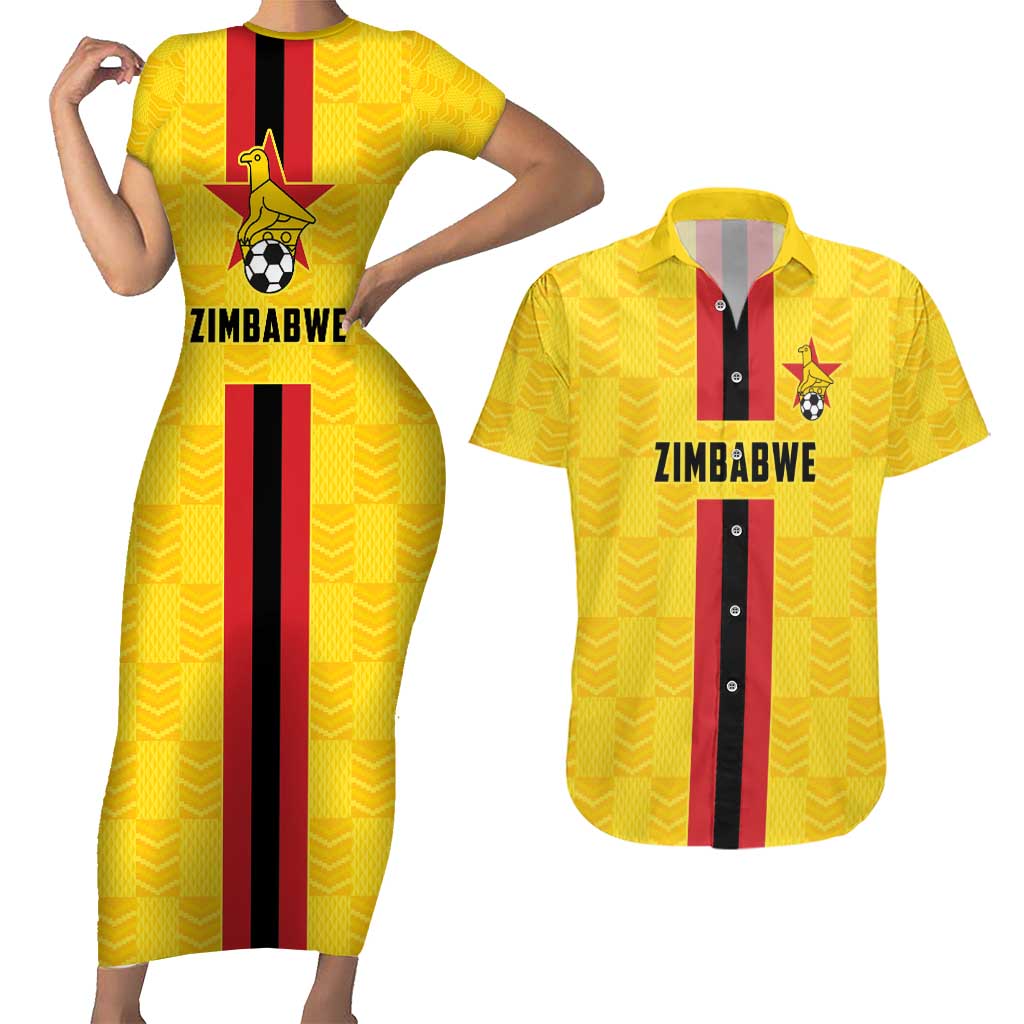 Zimbabwe Football Custom Couples Matching Short Sleeve Bodycon Dress and Hawaiian Shirt The Warriors with Zimbabwe Bird - Wonder Print Shop