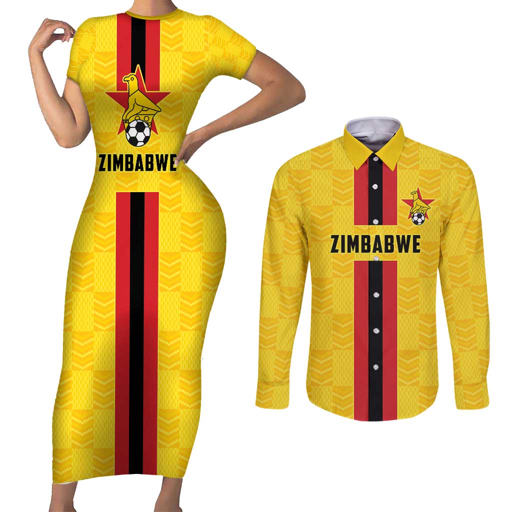Zimbabwe Football Custom Couples Matching Short Sleeve Bodycon Dress and Long Sleeve Button Shirt The Warriors with Zimbabwe Bird - Wonder Print Shop