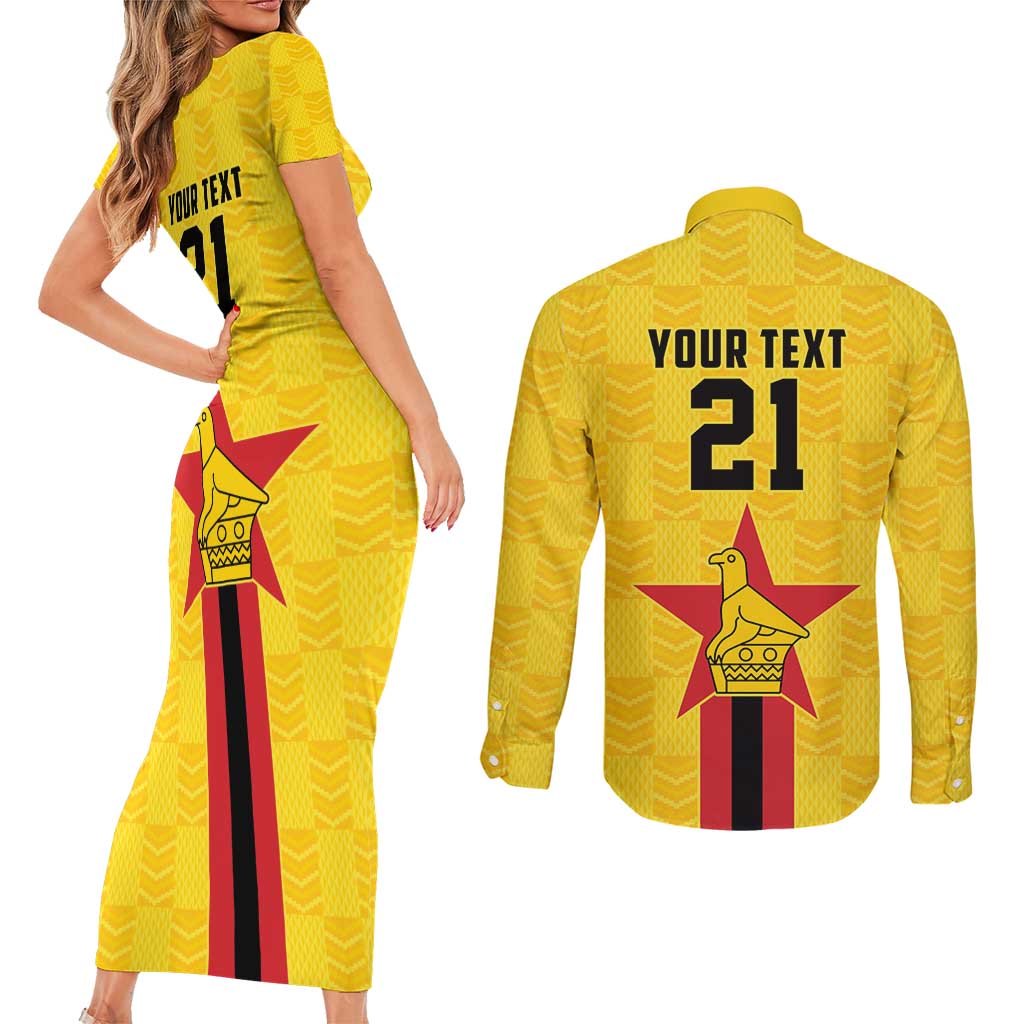 Zimbabwe Football Custom Couples Matching Short Sleeve Bodycon Dress and Long Sleeve Button Shirt The Warriors with Zimbabwe Bird - Wonder Print Shop