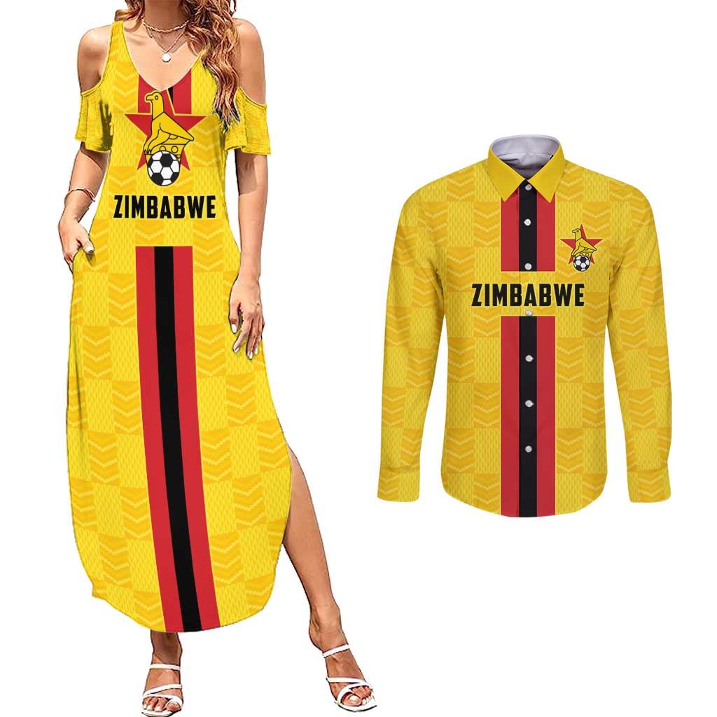 Zimbabwe Football Custom Couples Matching Summer Maxi Dress and Long Sleeve Button Shirt The Warriors with Zimbabwe Bird - Wonder Print Shop