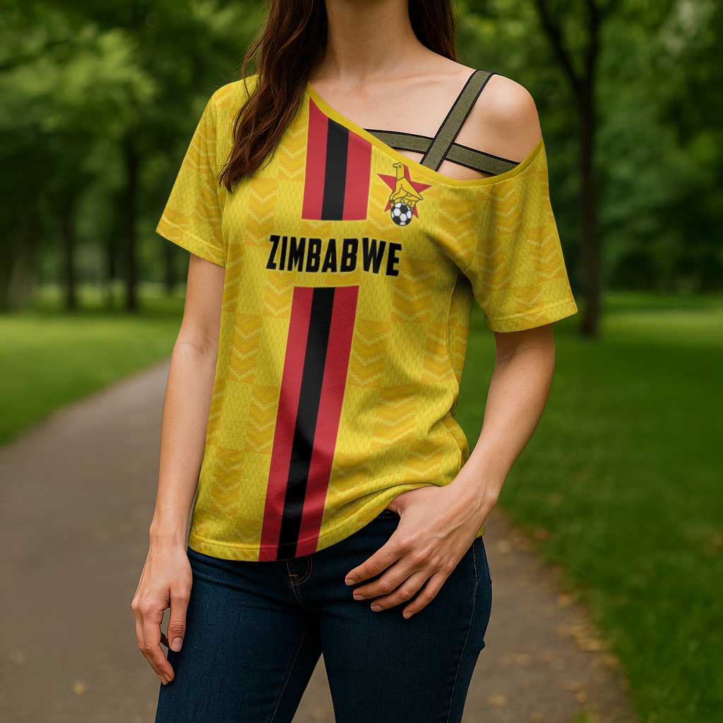 Zimbabwe Football Custom Cross Shoulder Shirt The Warriors with Zimbabwe Bird - Wonder Print Shop