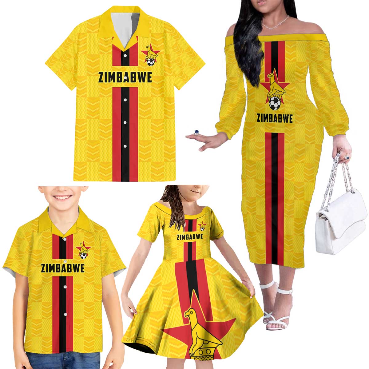 Zimbabwe Football Custom Family Matching Off The Shoulder Long Sleeve Dress and Hawaiian Shirt The Warriors with Zimbabwe Bird - Wonder Print Shop
