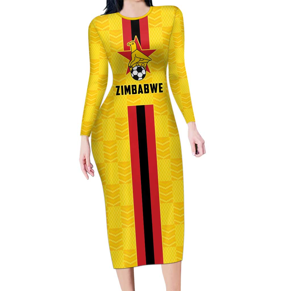 Zimbabwe Football Custom Long Sleeve Bodycon Dress The Warriors with Zimbabwe Bird - Wonder Print Shop