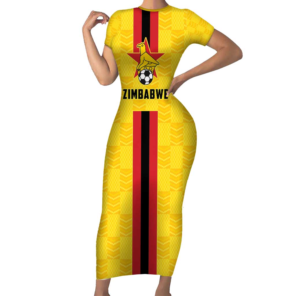 Zimbabwe Football Custom Short Sleeve Bodycon Dress The Warriors with Zimbabwe Bird - Wonder Print Shop