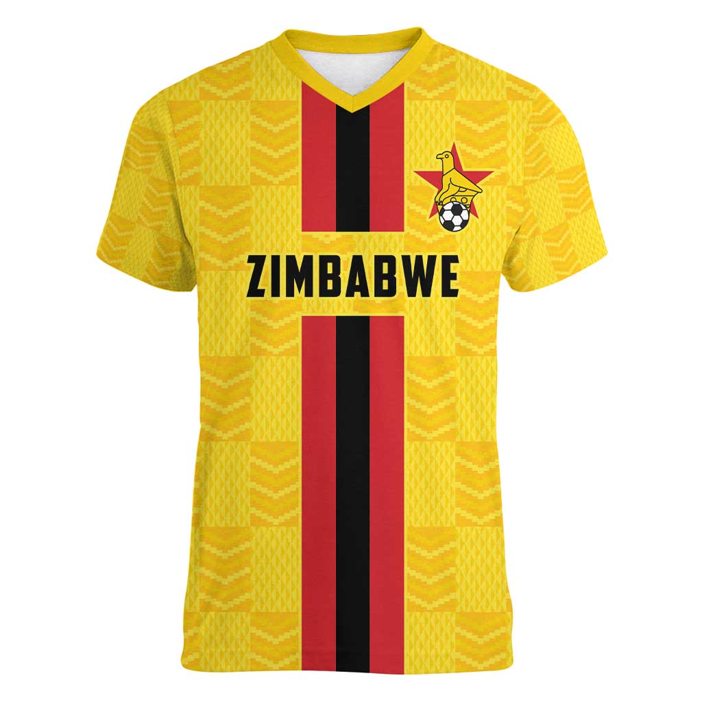 Zimbabwe Football Custom Women V-Neck T-Shirt The Warriors with Zimbabwe Bird - Wonder Print Shop