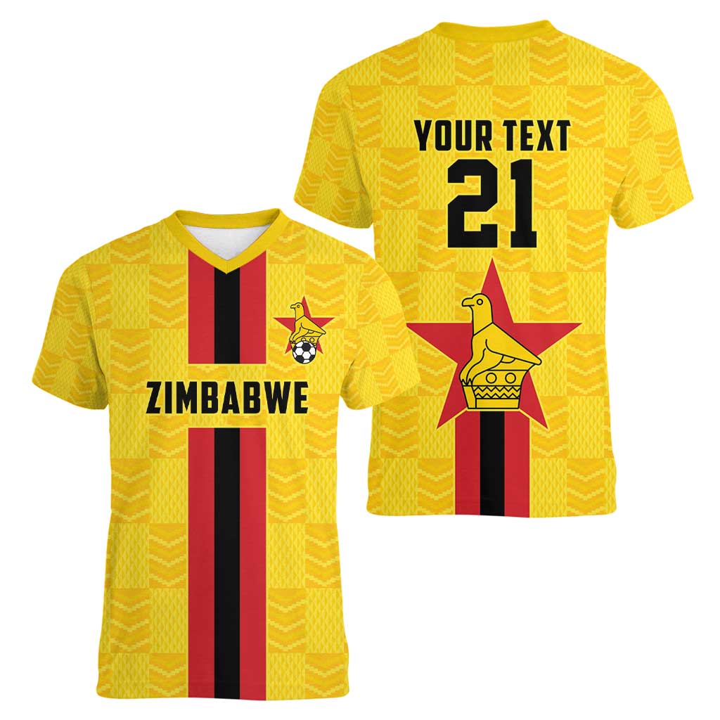 Zimbabwe Football Custom Women V-Neck T-Shirt The Warriors with Zimbabwe Bird - Wonder Print Shop