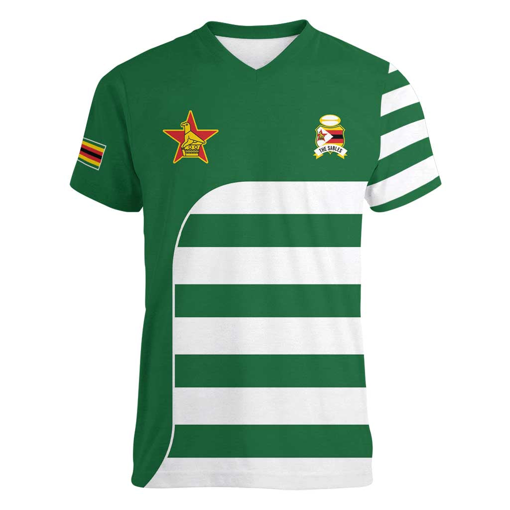 Zimbabwe Rugby Women V-Neck T-Shirt One For The History Sables - Wonder Print Shop