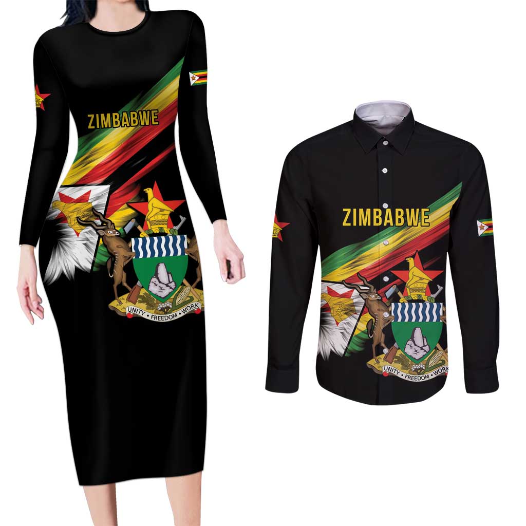 Zimbabwe Wings Flag Couples Matching Long Sleeve Bodycon Dress and Long Sleeve Button Shirt Proudly Zimbabwean - Wonder Print Shop