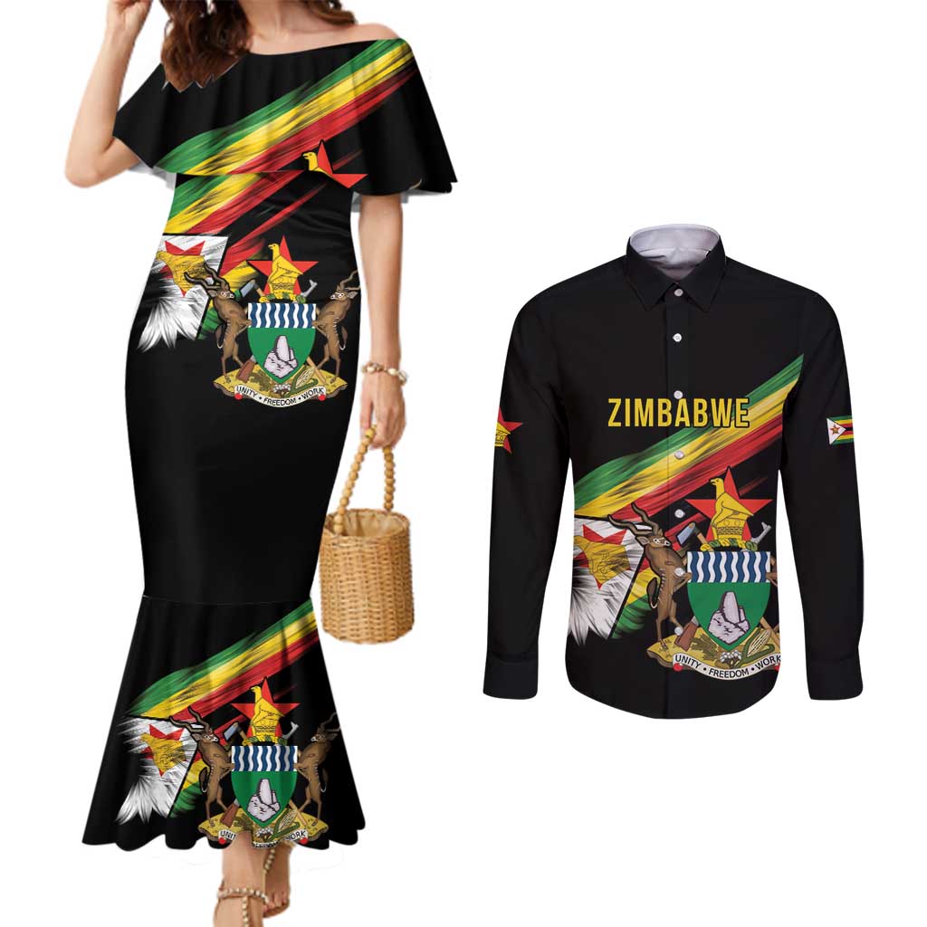 Zimbabwe Wings Flag Couples Matching Mermaid Dress and Long Sleeve Button Shirt Proudly Zimbabwean - Wonder Print Shop