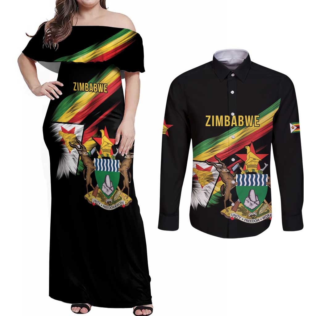 Zimbabwe Wings Flag Couples Matching Off Shoulder Maxi Dress and Long Sleeve Button Shirt Proudly Zimbabwean - Wonder Print Shop