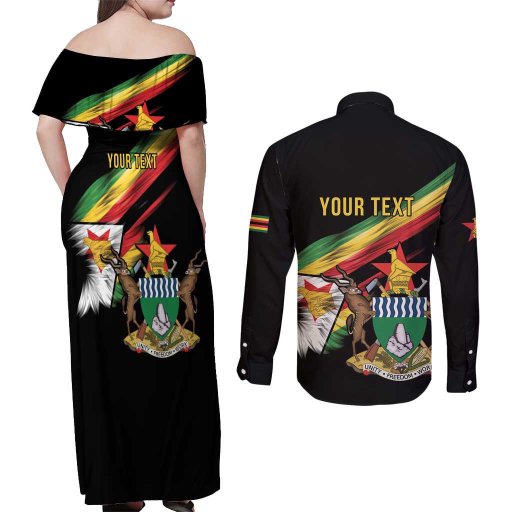 Zimbabwe Wings Flag Couples Matching Off Shoulder Maxi Dress and Long Sleeve Button Shirt Proudly Zimbabwean - Wonder Print Shop