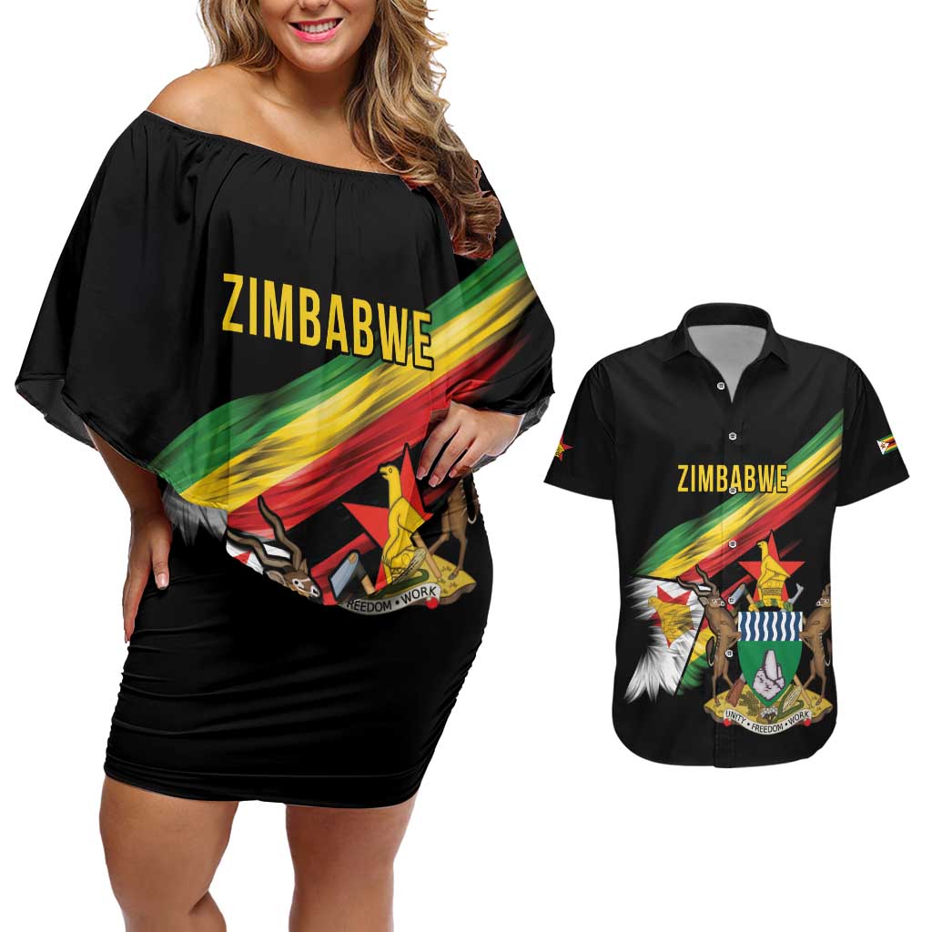 Zimbabwe Wings Flag Couples Matching Off Shoulder Short Dress and Hawaiian Shirt Proudly Zimbabwean - Wonder Print Shop