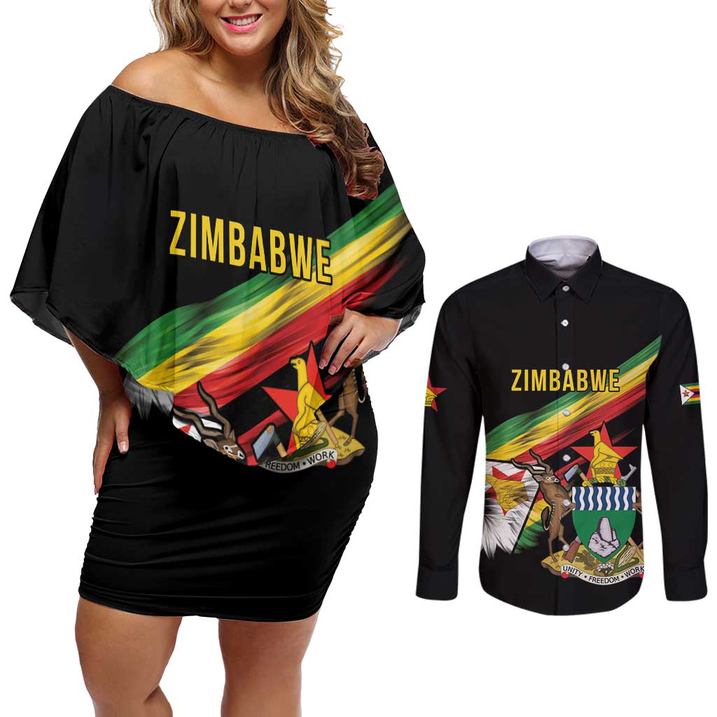 Zimbabwe Wings Flag Couples Matching Off Shoulder Short Dress and Long Sleeve Button Shirt Proudly Zimbabwean - Wonder Print Shop