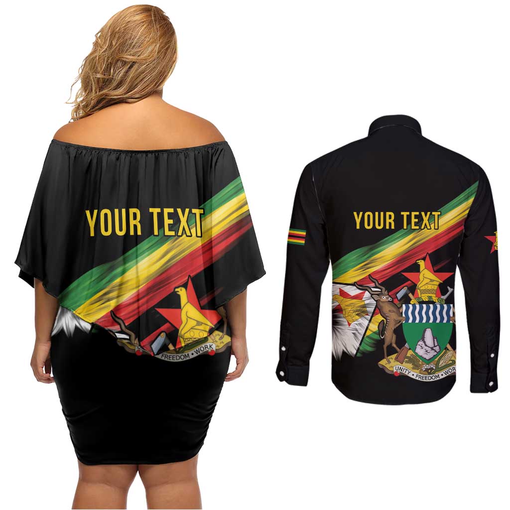 Zimbabwe Wings Flag Couples Matching Off Shoulder Short Dress and Long Sleeve Button Shirt Proudly Zimbabwean - Wonder Print Shop