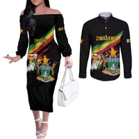 Zimbabwe Wings Flag Couples Matching Off The Shoulder Long Sleeve Dress and Long Sleeve Button Shirt Proudly Zimbabwean - Wonder Print Shop