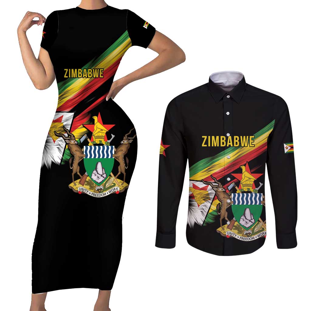 Zimbabwe Wings Flag Couples Matching Short Sleeve Bodycon Dress and Long Sleeve Button Shirt Proudly Zimbabwean - Wonder Print Shop