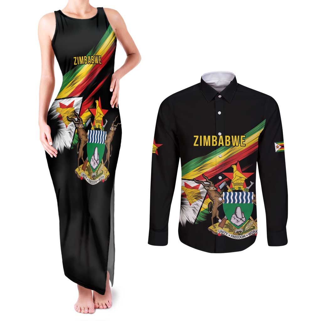 Zimbabwe Wings Flag Couples Matching Tank Maxi Dress and Long Sleeve Button Shirt Proudly Zimbabwean - Wonder Print Shop