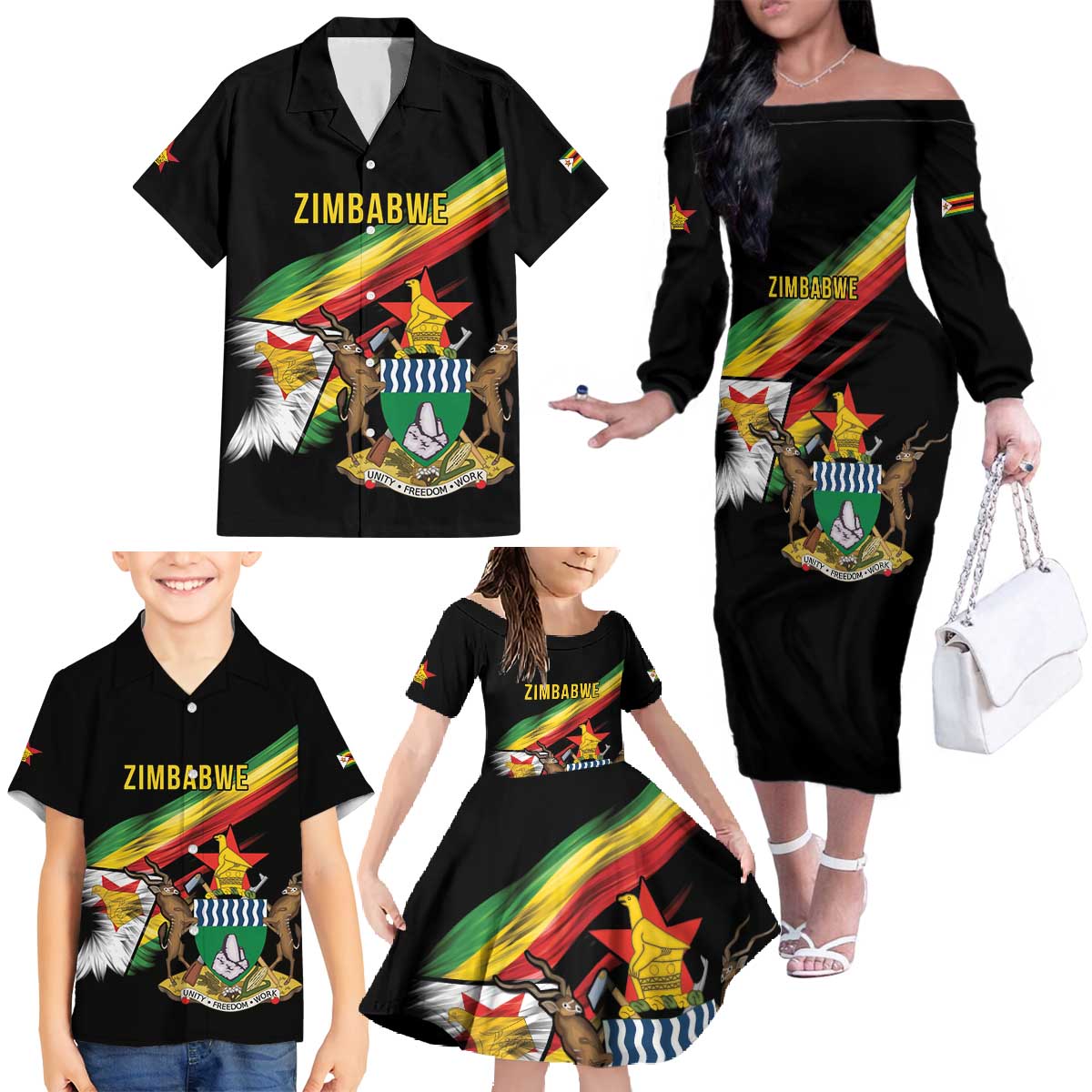Zimbabwe Wings Flag Family Matching Off The Shoulder Long Sleeve Dress and Hawaiian Shirt Proudly Zimbabwean - Wonder Print Shop