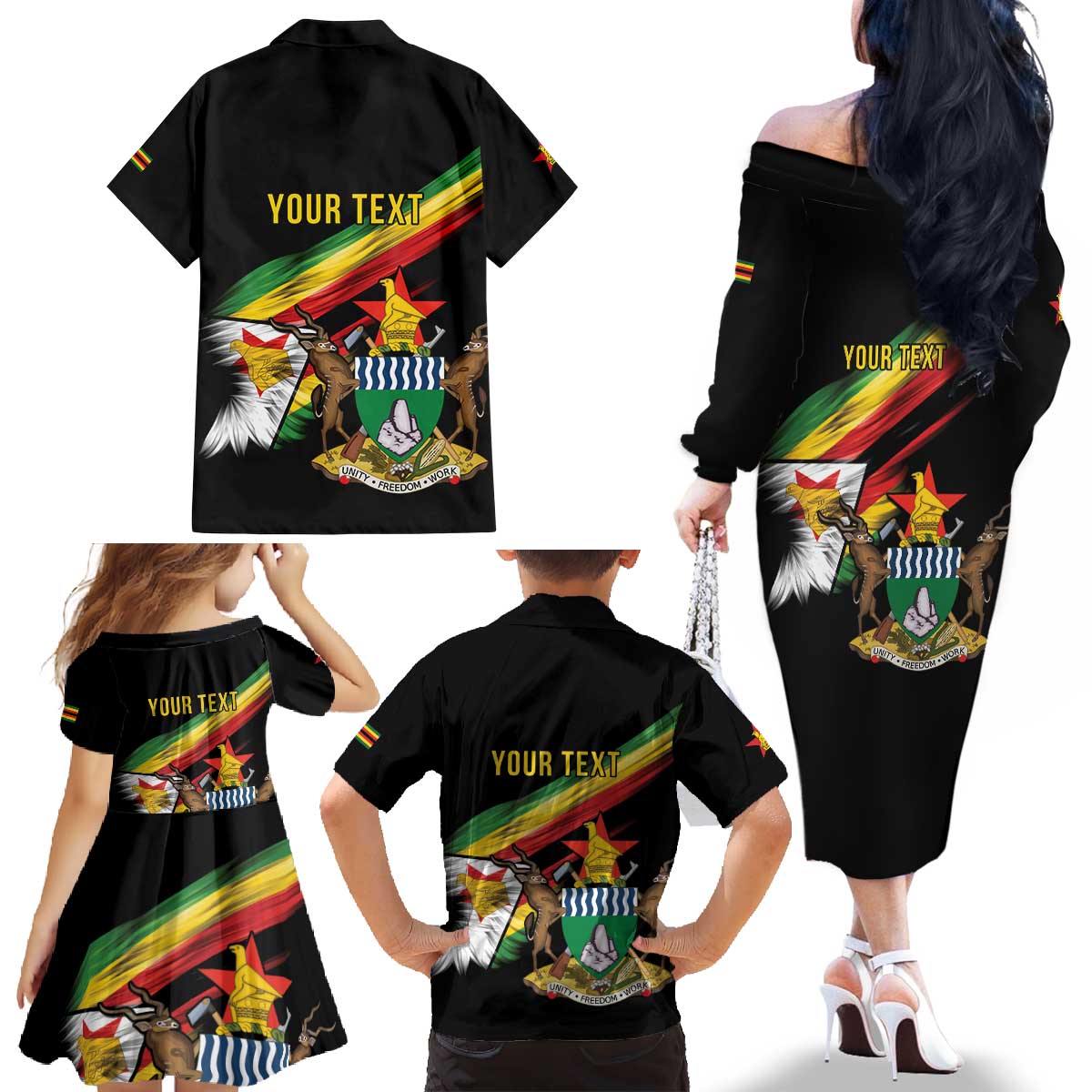 Zimbabwe Wings Flag Family Matching Off The Shoulder Long Sleeve Dress and Hawaiian Shirt Proudly Zimbabwean - Wonder Print Shop