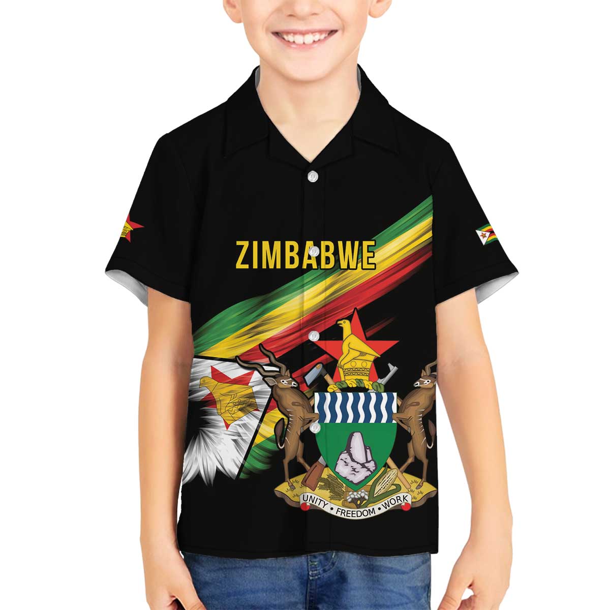 Zimbabwe Wings Flag Family Matching Off The Shoulder Long Sleeve Dress and Hawaiian Shirt Proudly Zimbabwean - Wonder Print Shop
