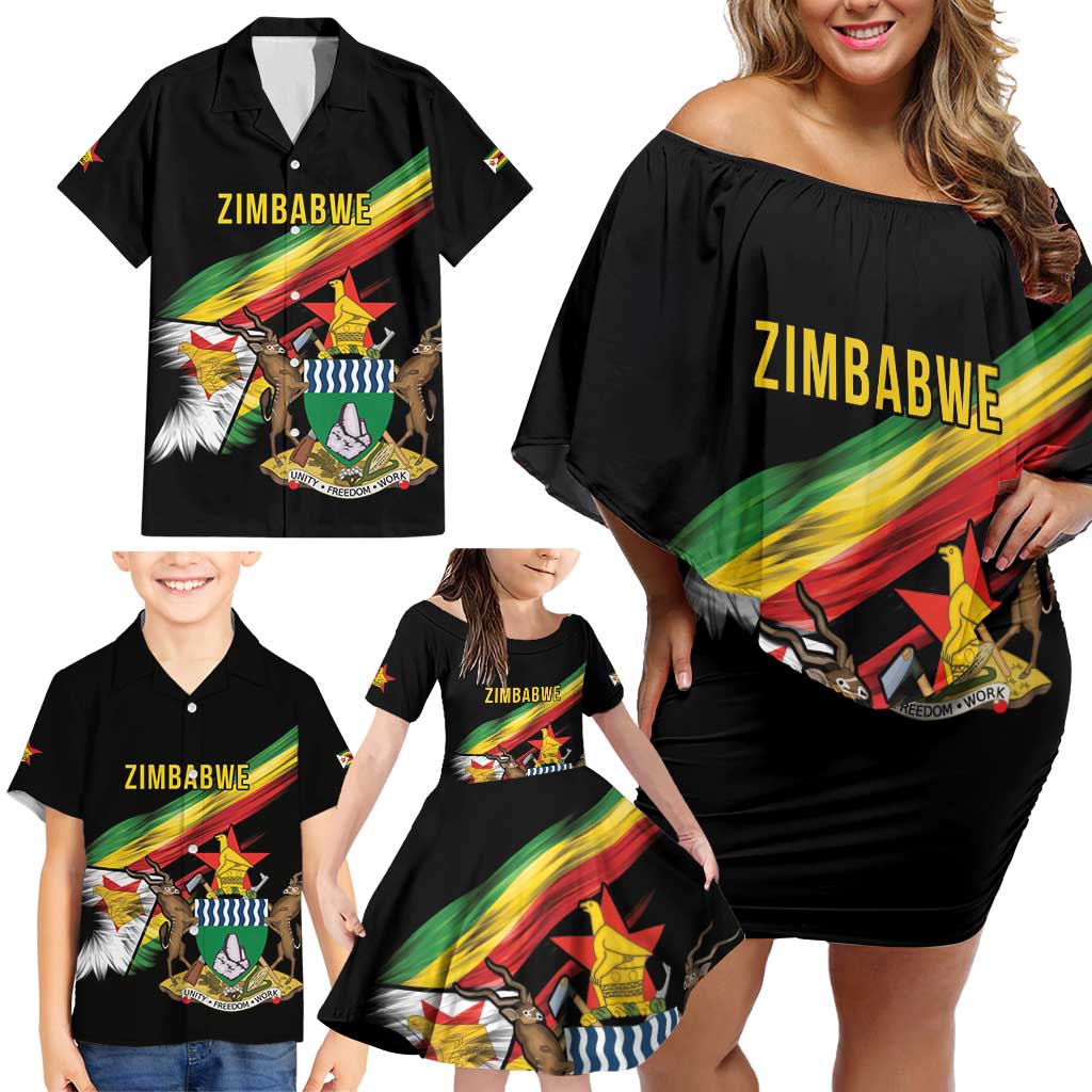 Zimbabwe Wings Flag Family Matching Off Shoulder Short Dress and Hawaiian Shirt Proudly Zimbabwean - Wonder Print Shop