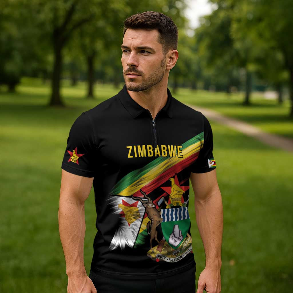 Zimbabwe Wings Flag Zipper Polo Shirt Proudly Zimbabwean - Wonder Print Shop