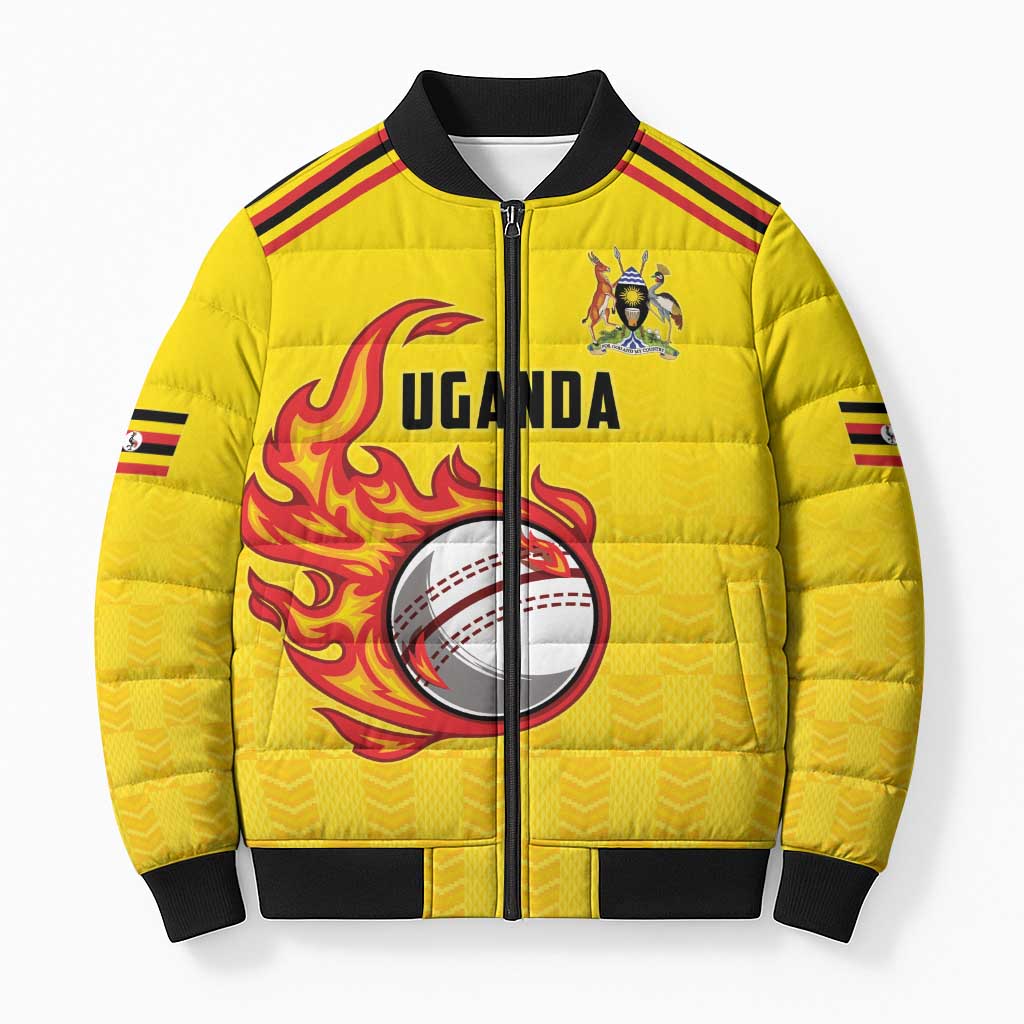 Uganda Cricket Custom Bomber Puffer Jacket Cranes Cricket Ball Fire - Wonder Print Shop