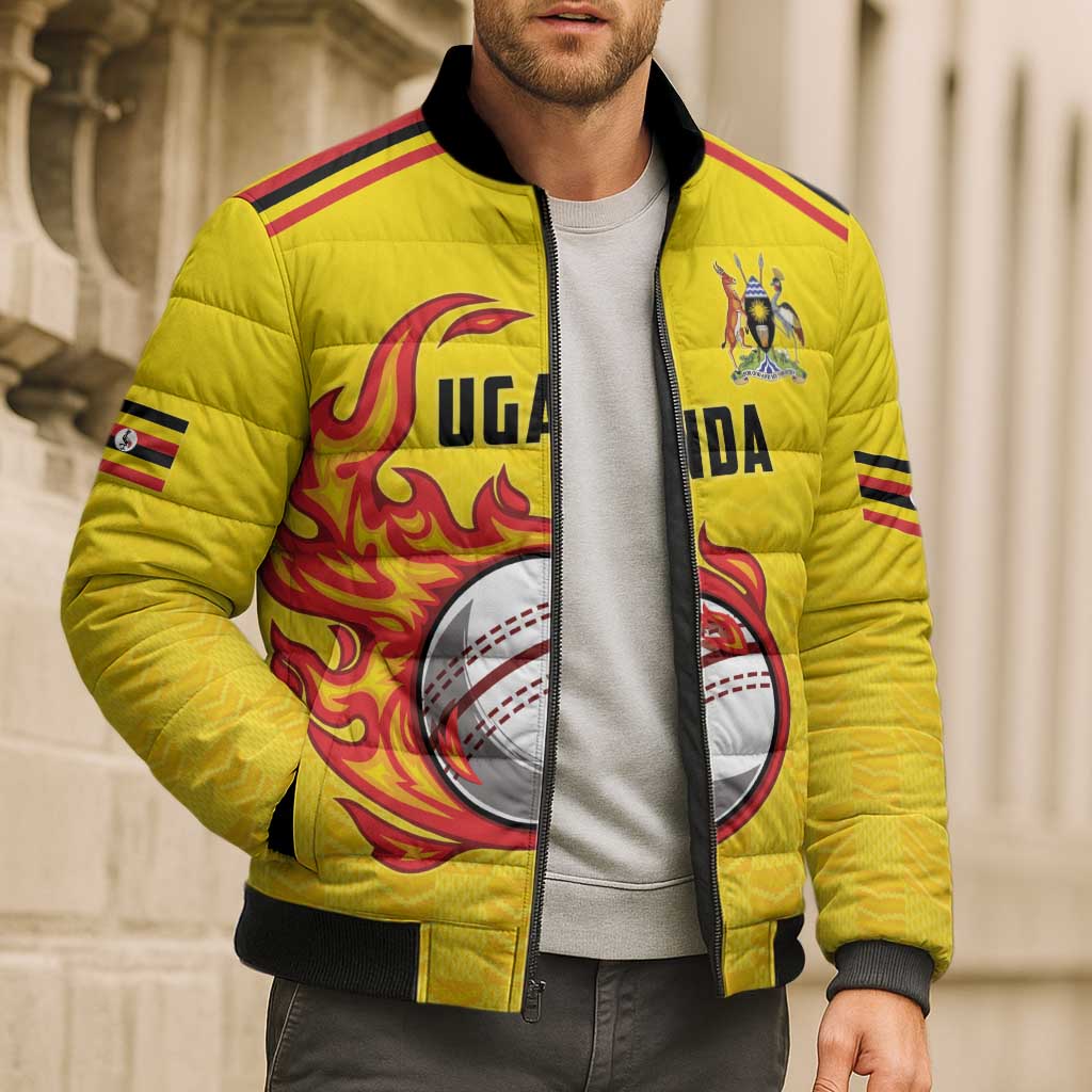 Uganda Cricket Custom Bomber Puffer Jacket Cranes Cricket Ball Fire - Wonder Print Shop