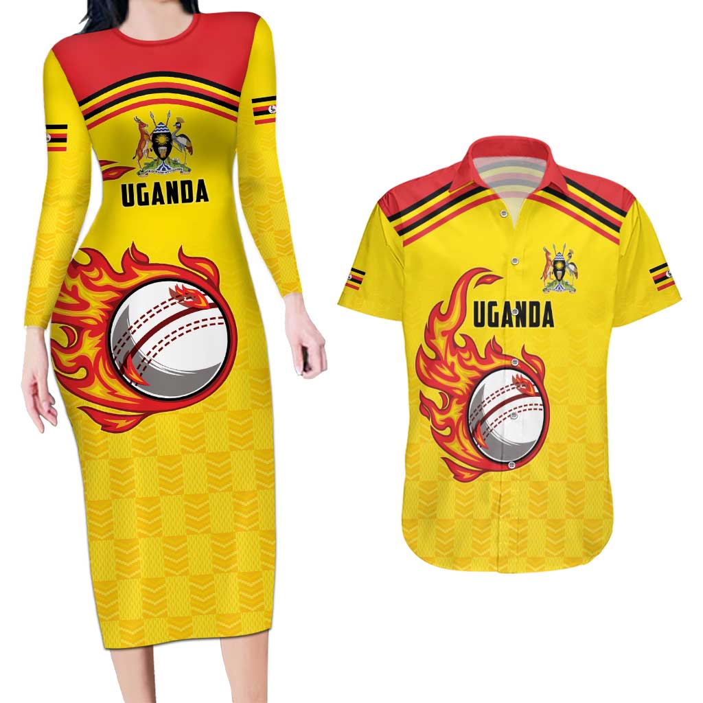 Uganda Cricket Custom Couples Matching Long Sleeve Bodycon Dress and Hawaiian Shirt Cranes Cricket Ball Fire - Wonder Print Shop