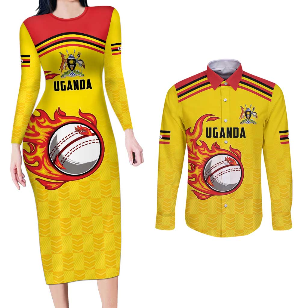 Uganda Cricket Custom Couples Matching Long Sleeve Bodycon Dress and Long Sleeve Button Shirt Cranes Cricket Ball Fire - Wonder Print Shop