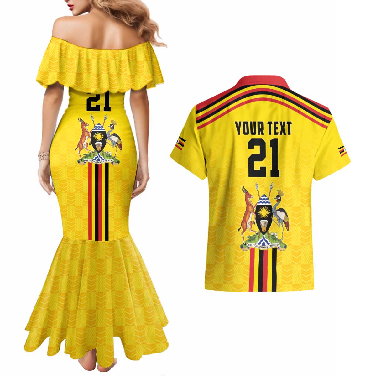 Uganda Cricket Custom Couples Matching Mermaid Dress and Hawaiian Shirt Cranes Cricket Ball Fire - Wonder Print Shop