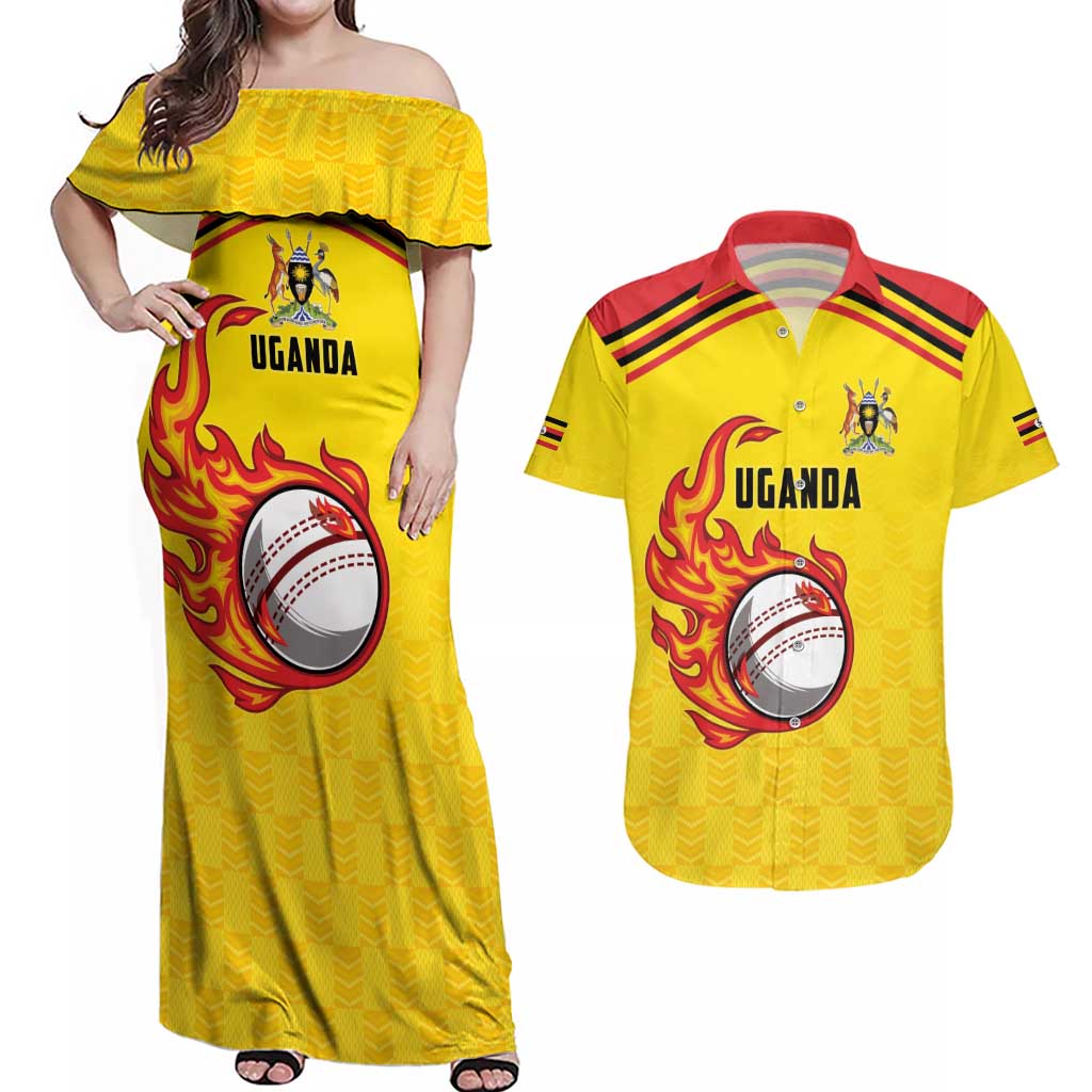 Uganda Cricket Custom Couples Matching Off Shoulder Maxi Dress and Hawaiian Shirt Cranes Cricket Ball Fire - Wonder Print Shop