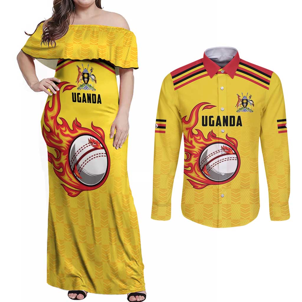 Uganda Cricket Custom Couples Matching Off Shoulder Maxi Dress and Long Sleeve Button Shirt Cranes Cricket Ball Fire - Wonder Print Shop