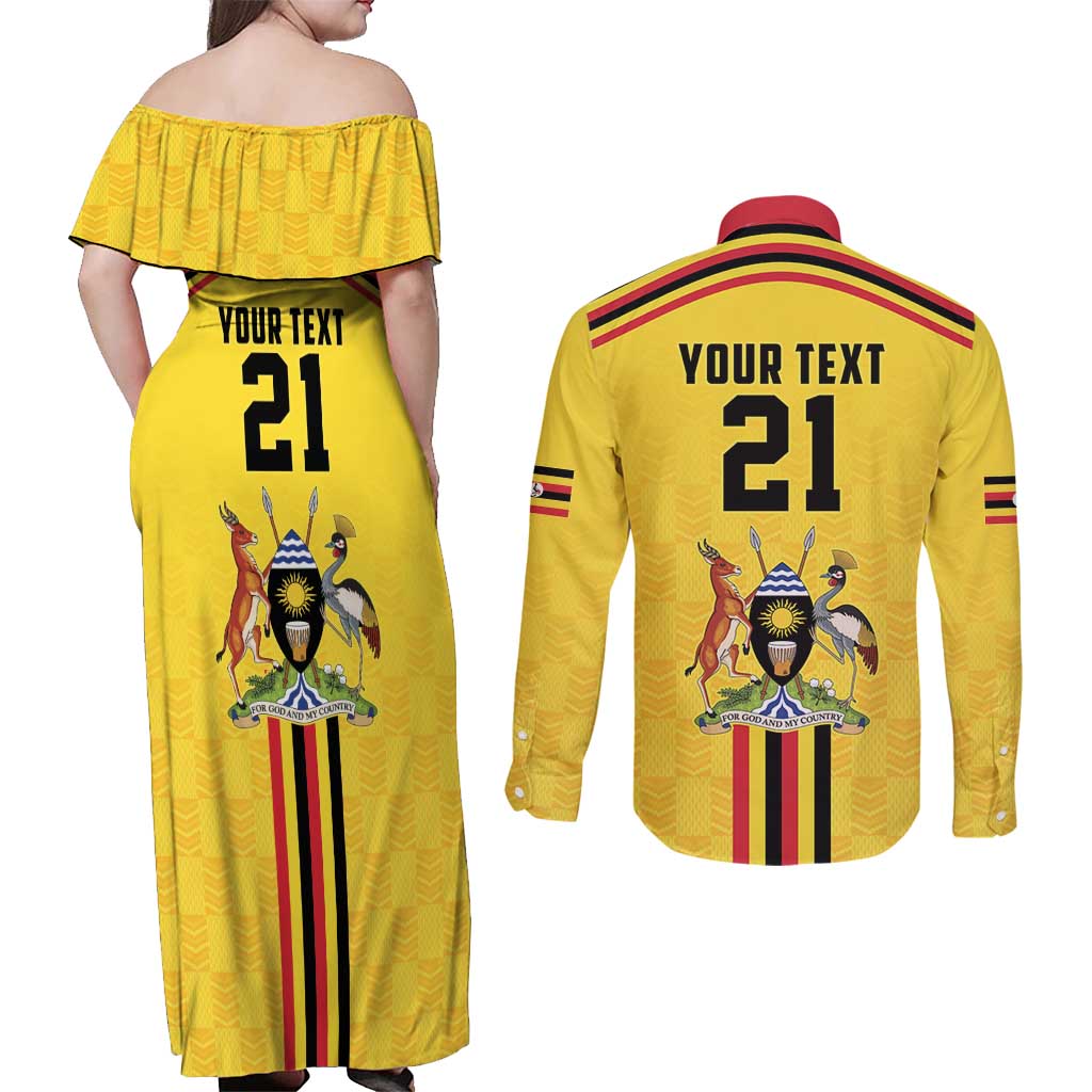 Uganda Cricket Custom Couples Matching Off Shoulder Maxi Dress and Long Sleeve Button Shirt Cranes Cricket Ball Fire - Wonder Print Shop