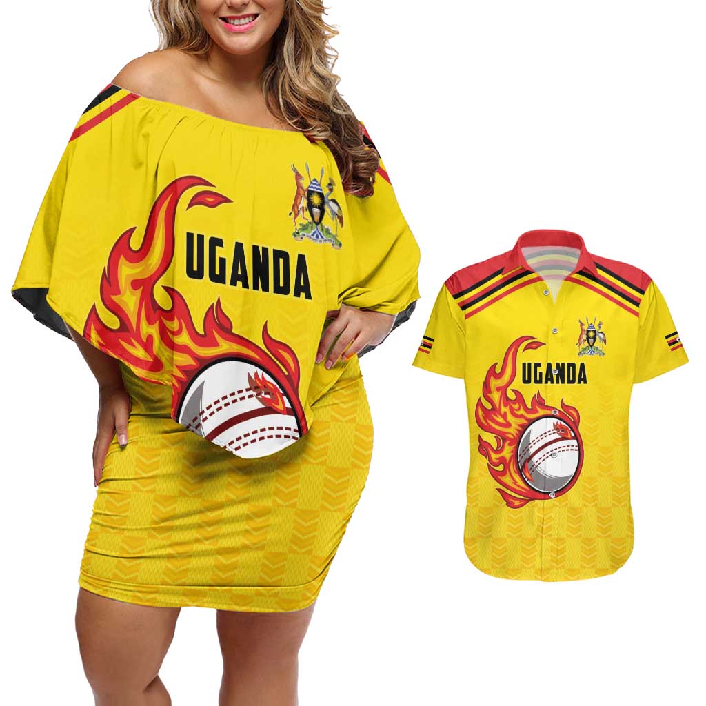 Uganda Cricket Custom Couples Matching Off Shoulder Short Dress and Hawaiian Shirt Cranes Cricket Ball Fire - Wonder Print Shop