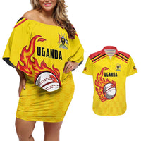 Uganda Cricket Custom Couples Matching Off Shoulder Short Dress and Hawaiian Shirt Cranes Cricket Ball Fire - Wonder Print Shop